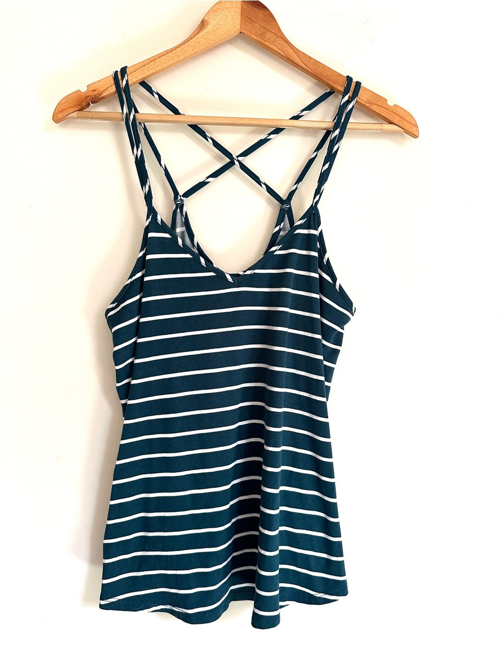 Striped Teal & White Crisscross Strap Tank Top